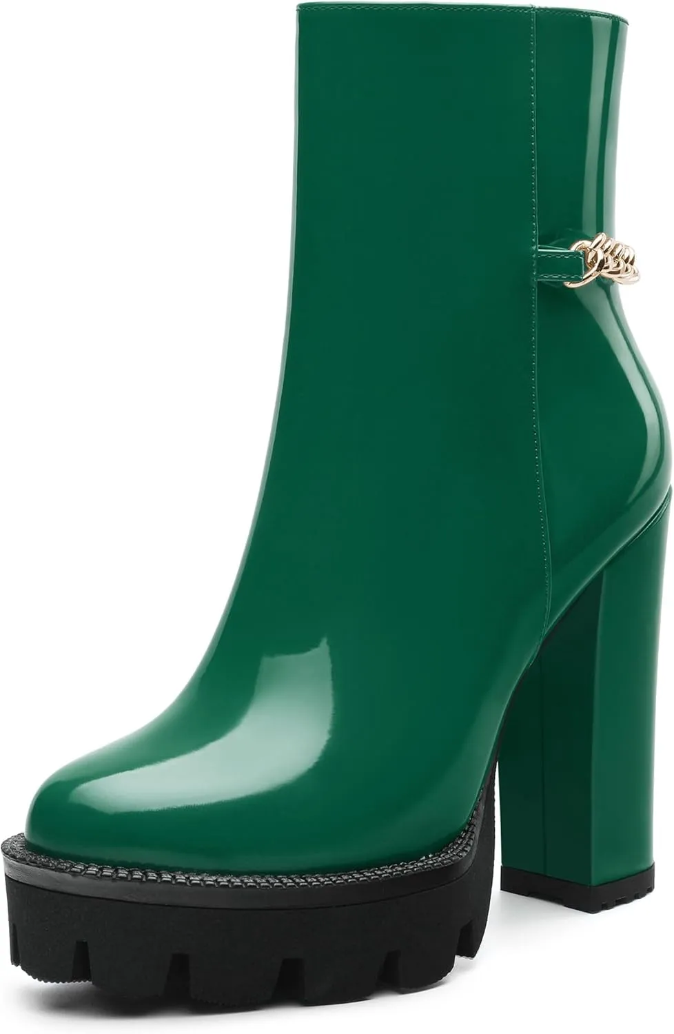 , Round Toe High Chunky Heel Platform Ankle Booties for Women, Block Heel Short Boots with Ankle Chain 4.7",Women Shoes for Workpalce, Street and Banquet.