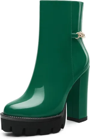 , Round Toe High Chunky Heel Platform Ankle Booties for Women, Block Heel Short Boots with Ankle Chain 4.7",Women Shoes for Workpalce, Street and Banquet.