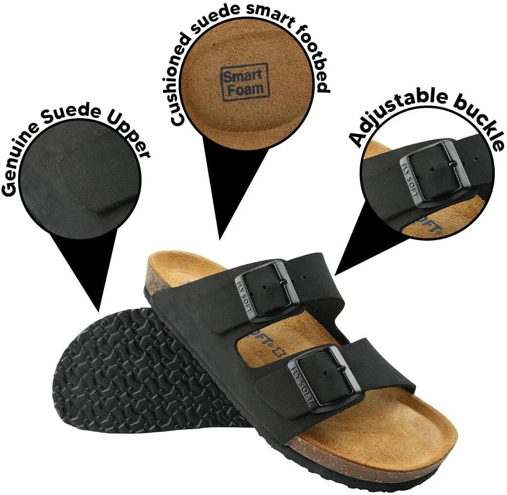 100% Genuine Leather Men's Sandals - Comfortable Cushioned Smart Foam Footbed, Slip-On Slides for Casual Summer Wear, Adjustable Fit, Durable Non-Slip Sole