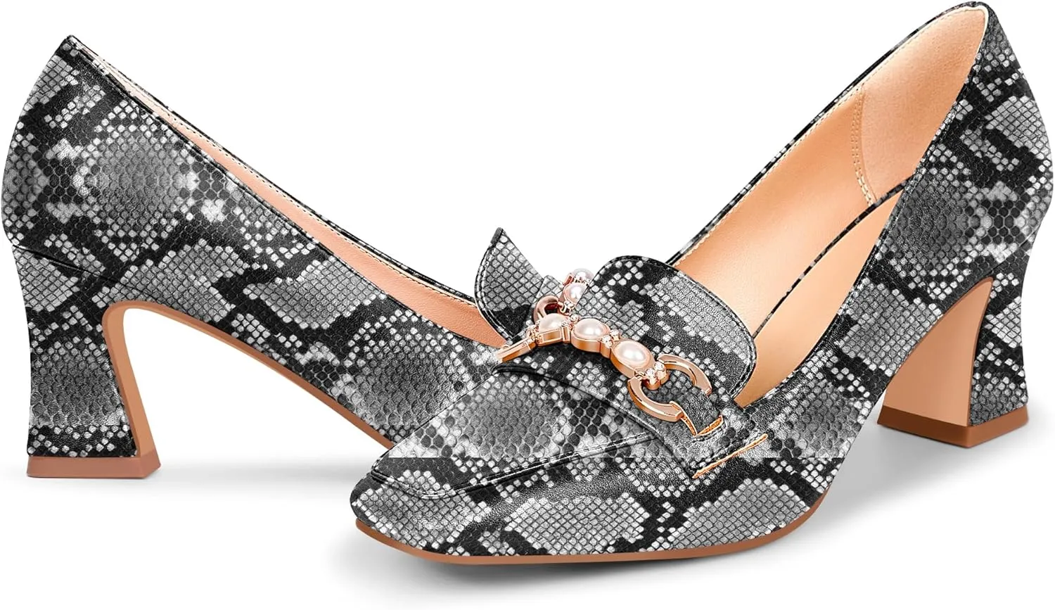 100FIXEO Women's Block Heel Loafers Square Toe Slip-on Pearl Chain Pumps Comfortable Office Shoes