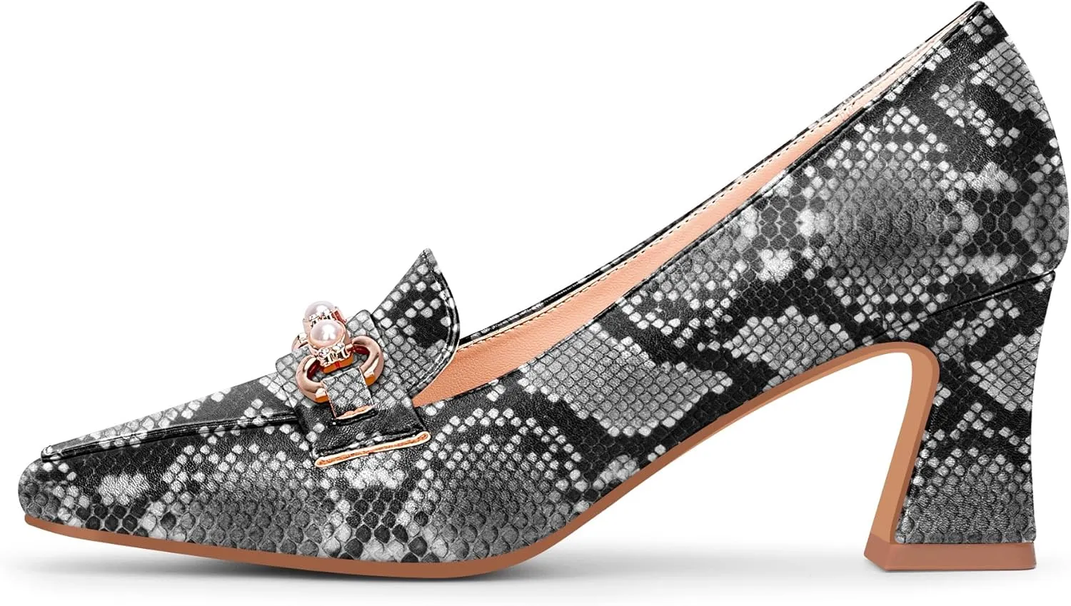 100FIXEO Women's Block Heel Loafers Square Toe Slip-on Pearl Chain Pumps Comfortable Office Shoes