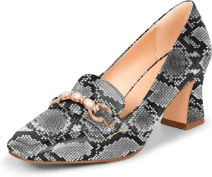 100FIXEO Women's Block Heel Loafers Square Toe Slip-on Pearl Chain Pumps Comfortable Office Shoes