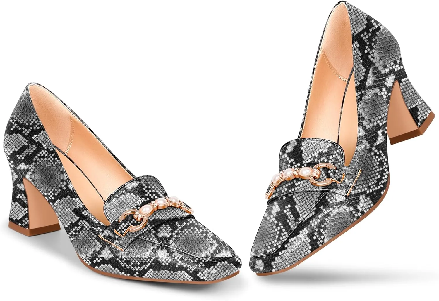 100FIXEO Women's Block Heel Loafers Square Toe Slip-on Pearl Chain Pumps Comfortable Office Shoes