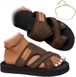 2024 Women's Hollow Mesh Slide Sandals, Summer Fashion Hollow Mesh Slide Sandals with Loop Toe, Casual Lightweight Flat Orthopedic Shoes Peep Toe Slippers(Brown,US 8)