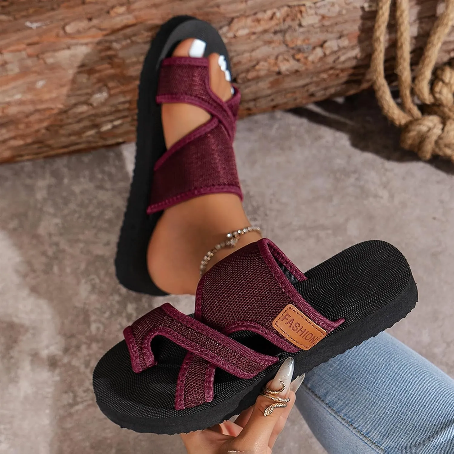 2024 Women's Hollow Mesh Slide Sandals, Summer Fashion Hollow Mesh Slide Sandals with Loop Toe, Casual Lightweight Flat Orthopedic Shoes Peep Toe Slippers(Brown,US 8)