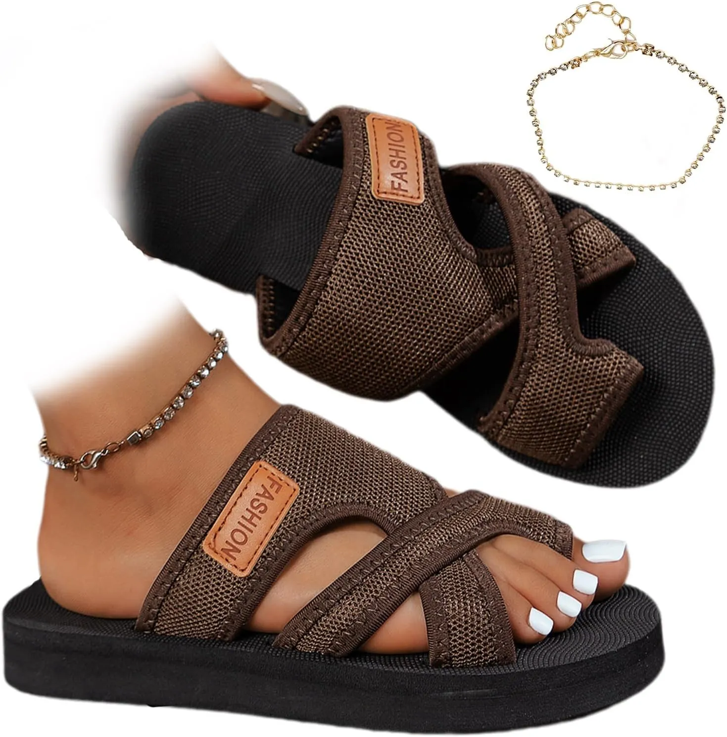 2024 Women's Hollow Mesh Slide Sandals, Summer Fashion Hollow Mesh Slide Sandals with Loop Toe, Casual Lightweight Flat Orthopedic Shoes Peep Toe Slippers(Brown,US 8)