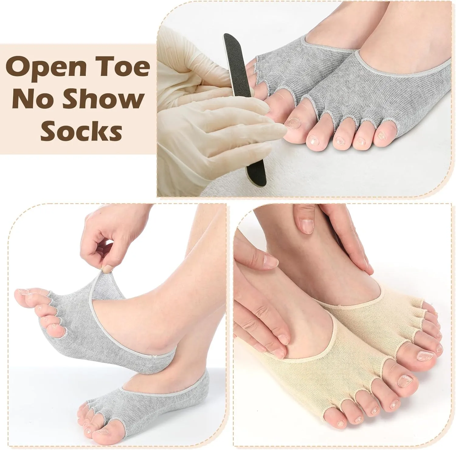 8 Pairs Toe Liner Socks Women Five Toeless Open Toe Sock for Summer Sandal with Nonslip Heel Gripper