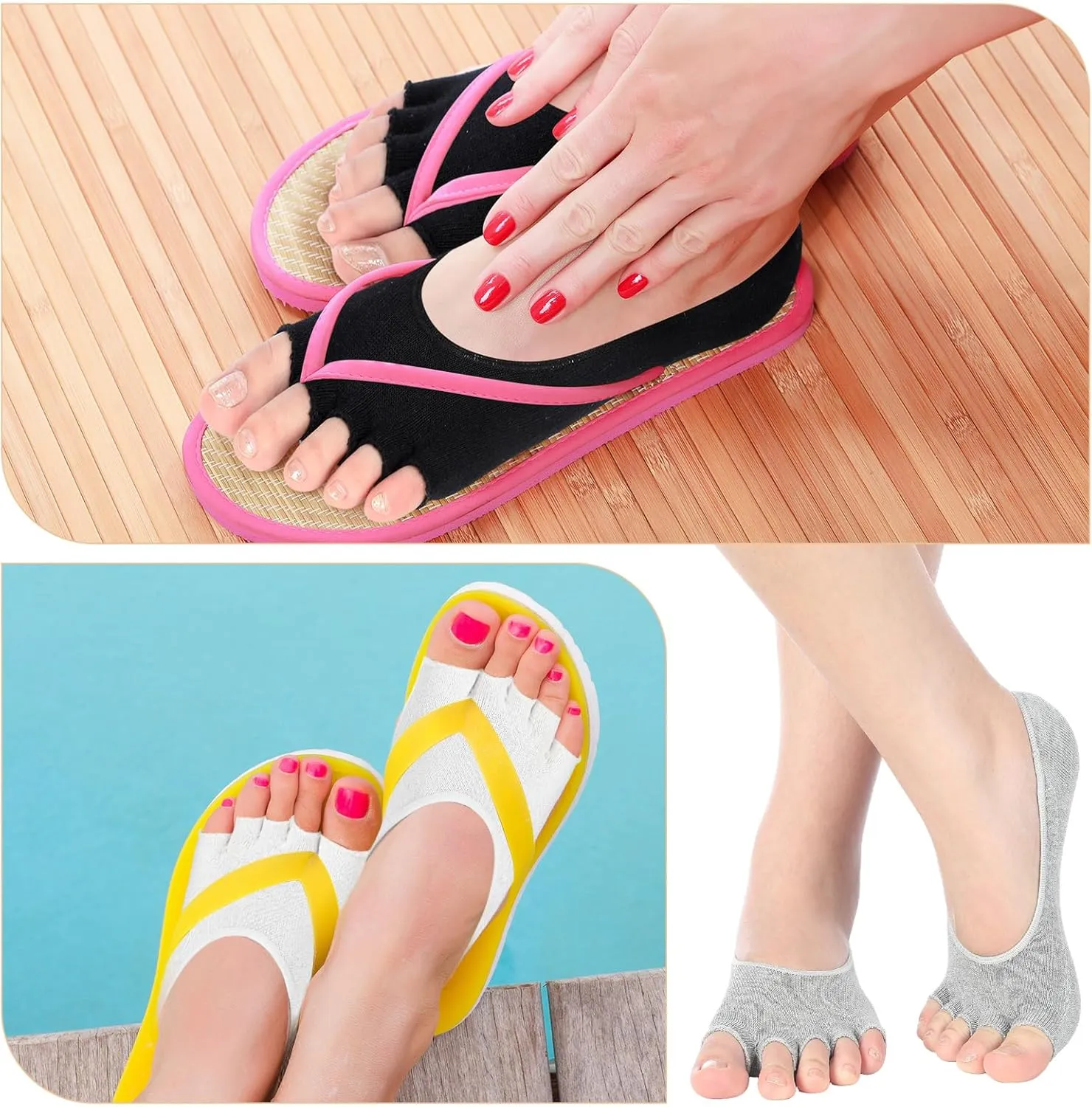 8 Pairs Toe Liner Socks Women Five Toeless Open Toe Sock for Summer Sandal with Nonslip Heel Gripper