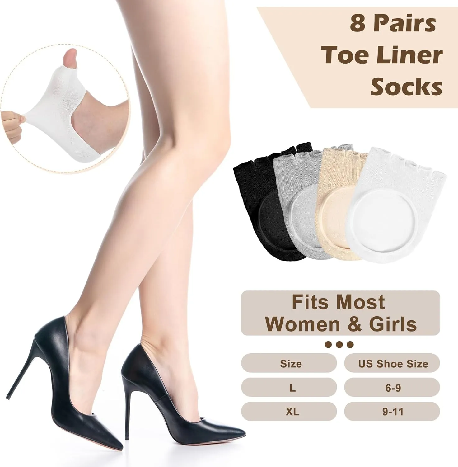 8 Pairs Toe Liner Socks Women Five Toeless Open Toe Sock for Summer Sandal with Nonslip Heel Gripper