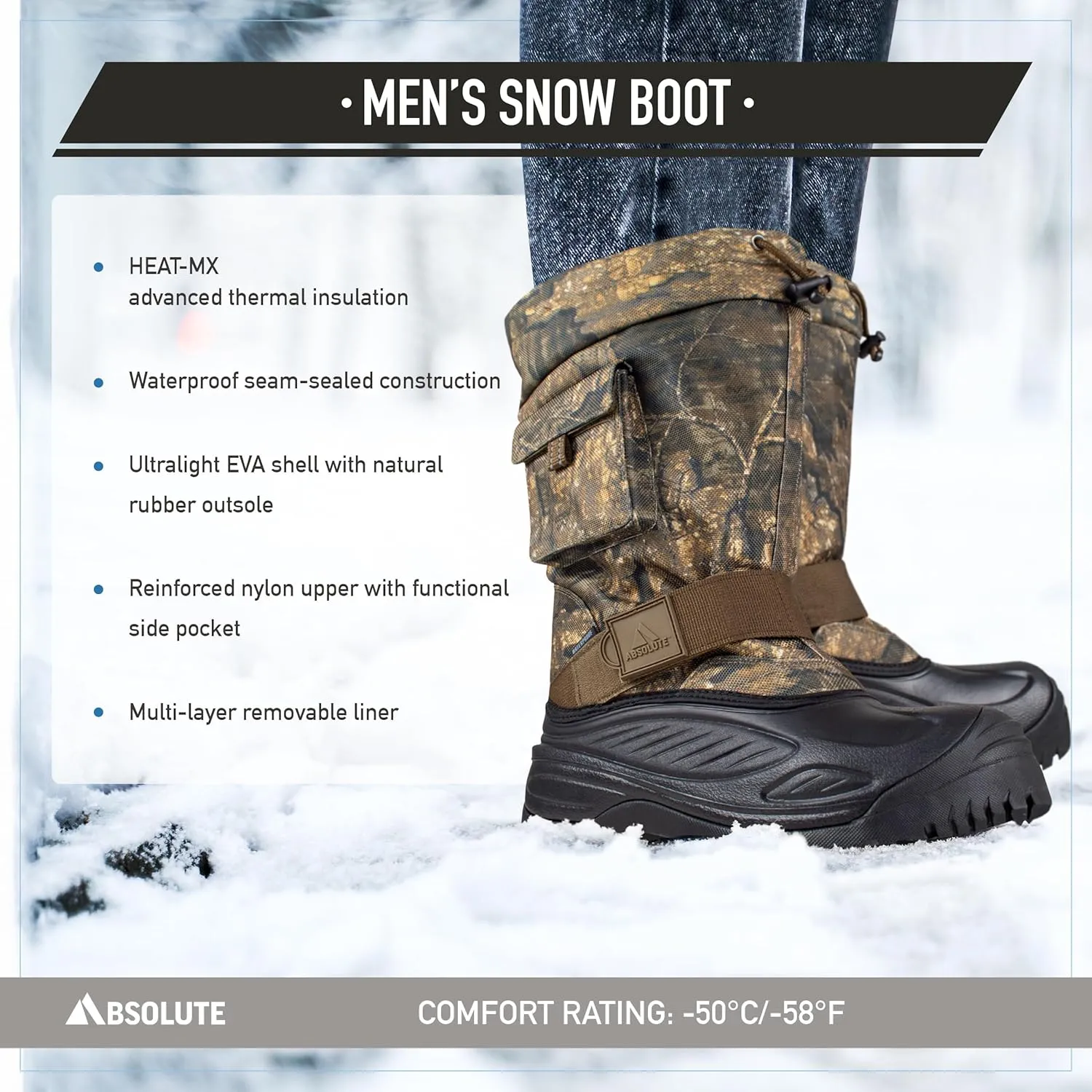 Absolute Scout 3 Tall Snow Winter Boots for Men, Warm, Insulated, Waterproof