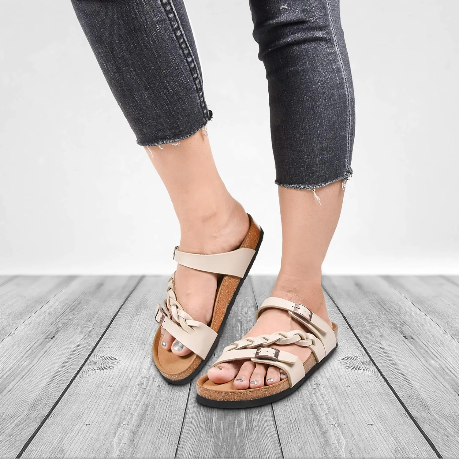 AEROTHOTIC Comfy Memory Foam Cork Sandals for Women Cute Dressy Adjustable Strappy Split Toe Slip On Vacation Essentials Women Footwear Open Toe Arch Support Slides