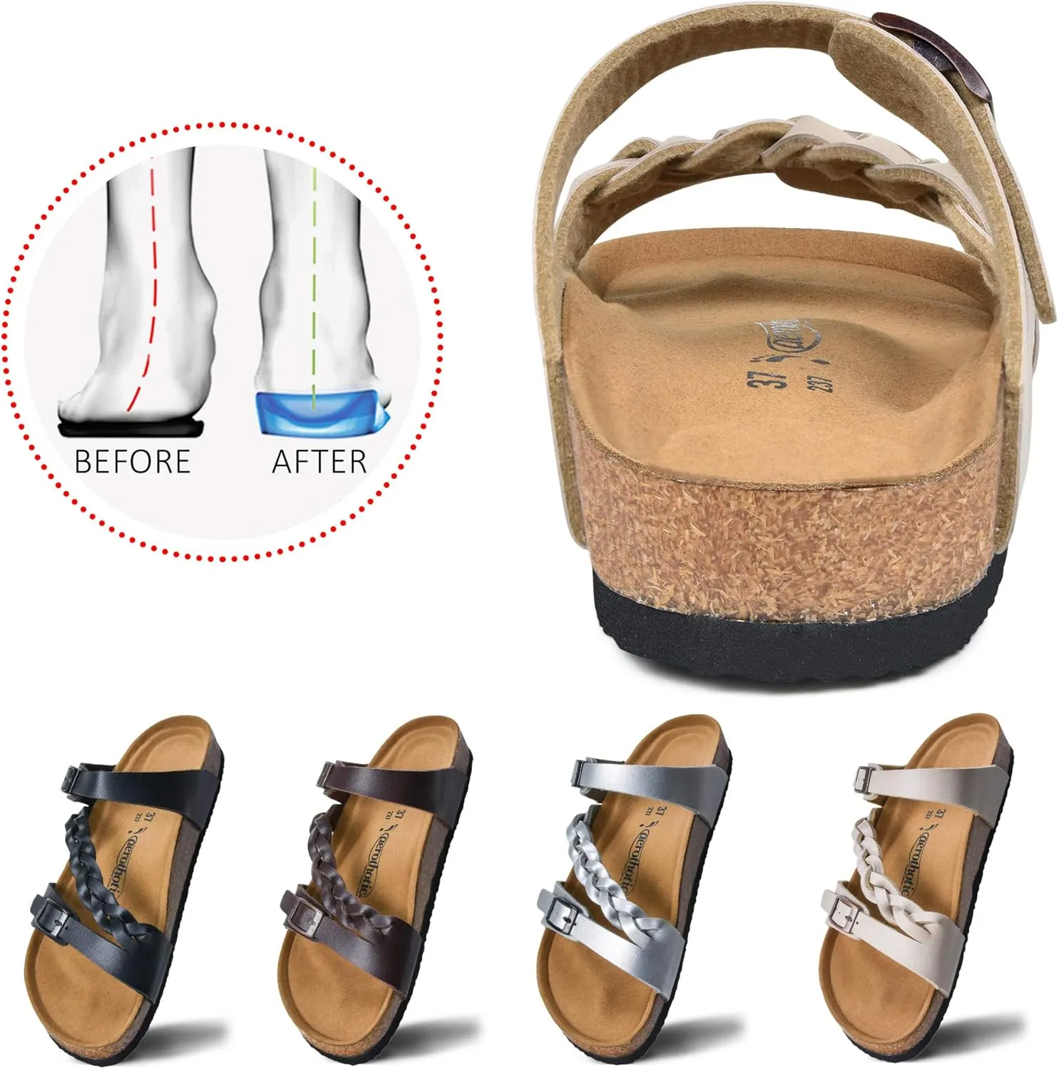 AEROTHOTIC Comfy Memory Foam Cork Sandals for Women Cute Dressy Adjustable Strappy Split Toe Slip On Vacation Essentials Women Footwear Open Toe Arch Support Slides