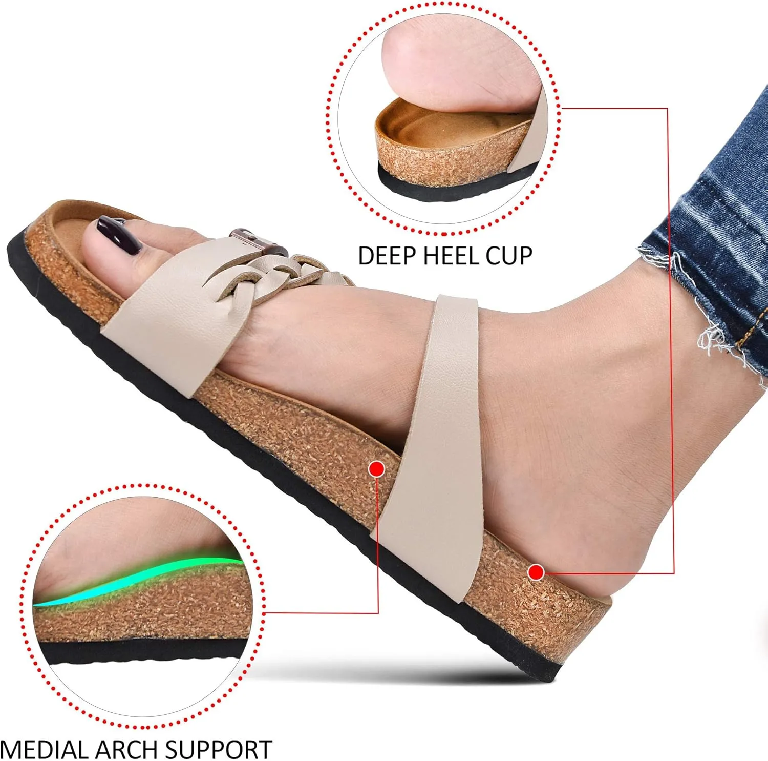 AEROTHOTIC Comfy Memory Foam Cork Sandals for Women Cute Dressy Adjustable Strappy Split Toe Slip On Vacation Essentials Women Footwear Open Toe Arch Support Slides