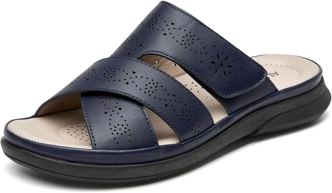 ALLOT Women's Slide Sandals Slip On Open Toe Dressy Summer Flat Sandals Arch Support Adjustable Straps Comfortable Beach Walking Shoes