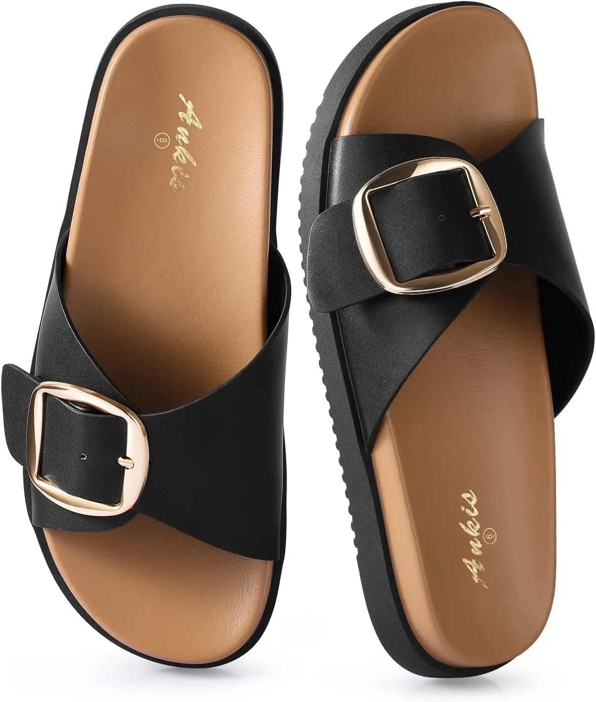 Ankis Brown Black White Flat Sandals for Women 2025,Wide Width Leather Sandals for Women Comfortable Dressy,Womens Summer Beach Sandals with Adjustable Strap and Buckle