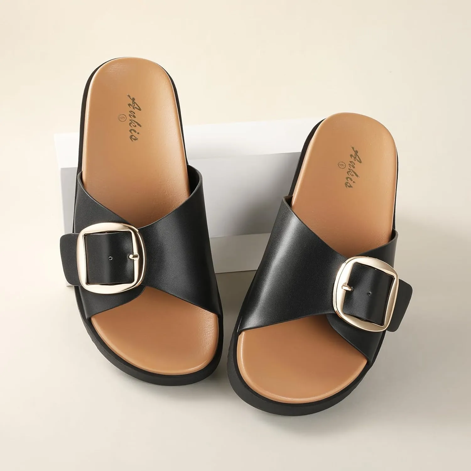 Ankis Brown Black White Flat Sandals for Women 2025,Wide Width Leather Sandals for Women Comfortable Dressy,Womens Summer Beach Sandals with Adjustable Strap and Buckle