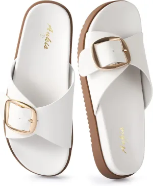 Ankis Brown Black White Flat Sandals for Women 2025,Wide Width Leather Sandals for Women Comfortable Dressy,Womens Summer Beach Sandals with Adjustable Strap and Buckle