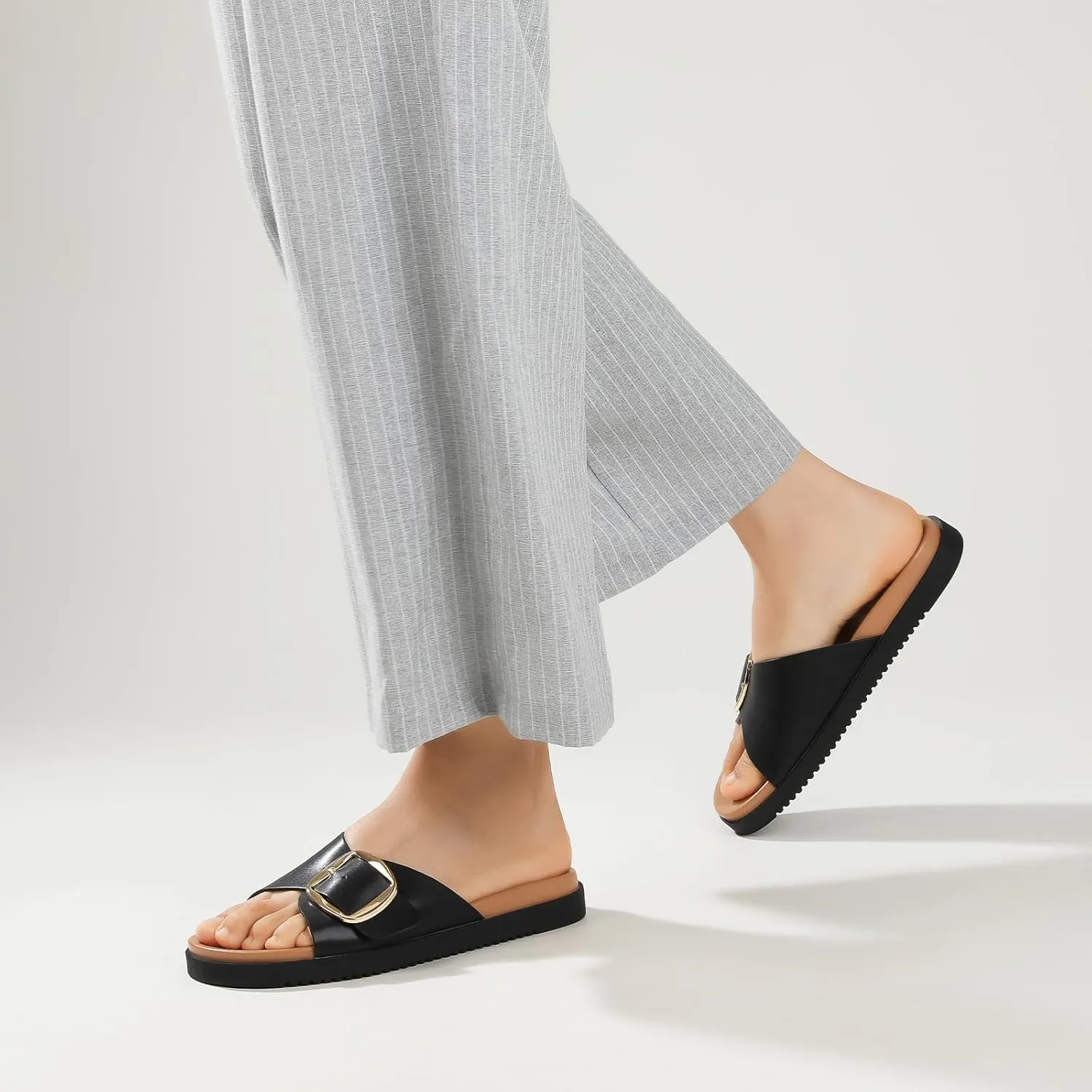 Ankis Brown Black White Flat Sandals for Women 2025,Wide Width Leather Sandals for Women Comfortable Dressy,Womens Summer Beach Sandals with Adjustable Strap and Buckle
