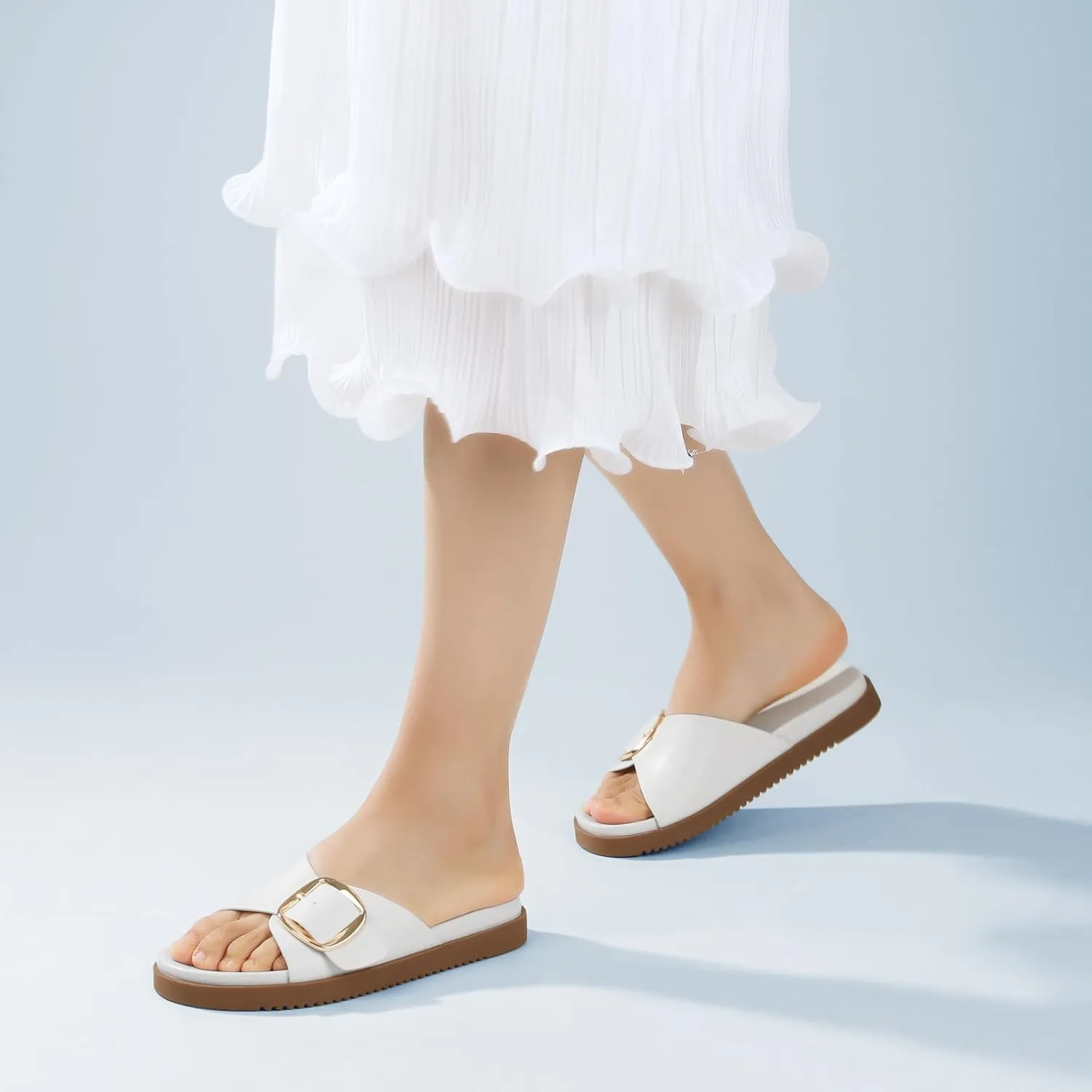 Ankis Brown Black White Flat Sandals for Women 2025,Wide Width Leather Sandals for Women Comfortable Dressy,Womens Summer Beach Sandals with Adjustable Strap and Buckle
