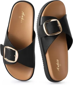 Ankis Brown Black White Flat Sandals for Women 2025,Wide Width Leather Sandals for Women Comfortable Dressy,Womens Summer Beach Sandals with Adjustable Strap and Buckle