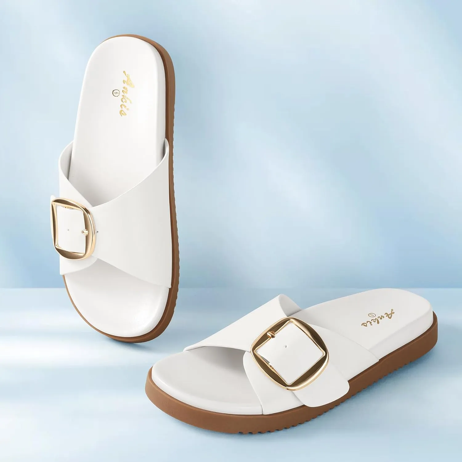 Ankis Brown Black White Flat Sandals for Women 2025,Wide Width Leather Sandals for Women Comfortable Dressy,Womens Summer Beach Sandals with Adjustable Strap and Buckle