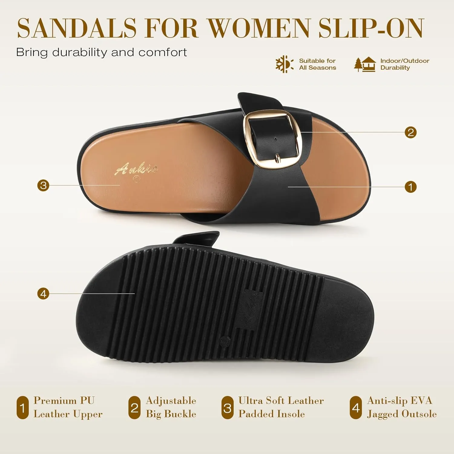 Ankis Brown Black White Flat Sandals for Women 2025,Wide Width Leather Sandals for Women Comfortable Dressy,Womens Summer Beach Sandals with Adjustable Strap and Buckle