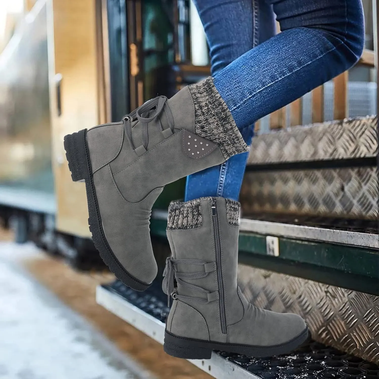 Ankle Boots for Women Winter Snow Booties Fur Lined Warm Boots Black Side Zipper Booties Round Toe Low Heel Boots