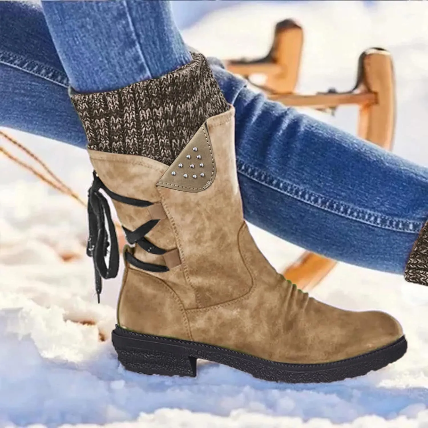 Ankle Boots for Women Winter Snow Booties Fur Lined Warm Boots Black Side Zipper Booties Round Toe Low Heel Boots