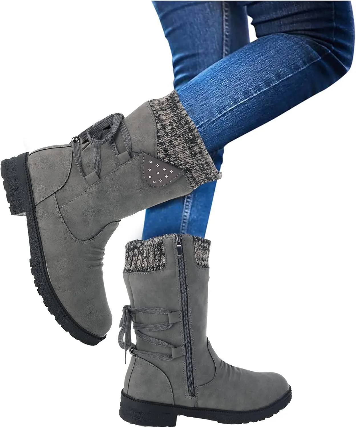 Ankle Boots for Women Winter Snow Booties Fur Lined Warm Boots Black Side Zipper Booties Round Toe Low Heel Boots