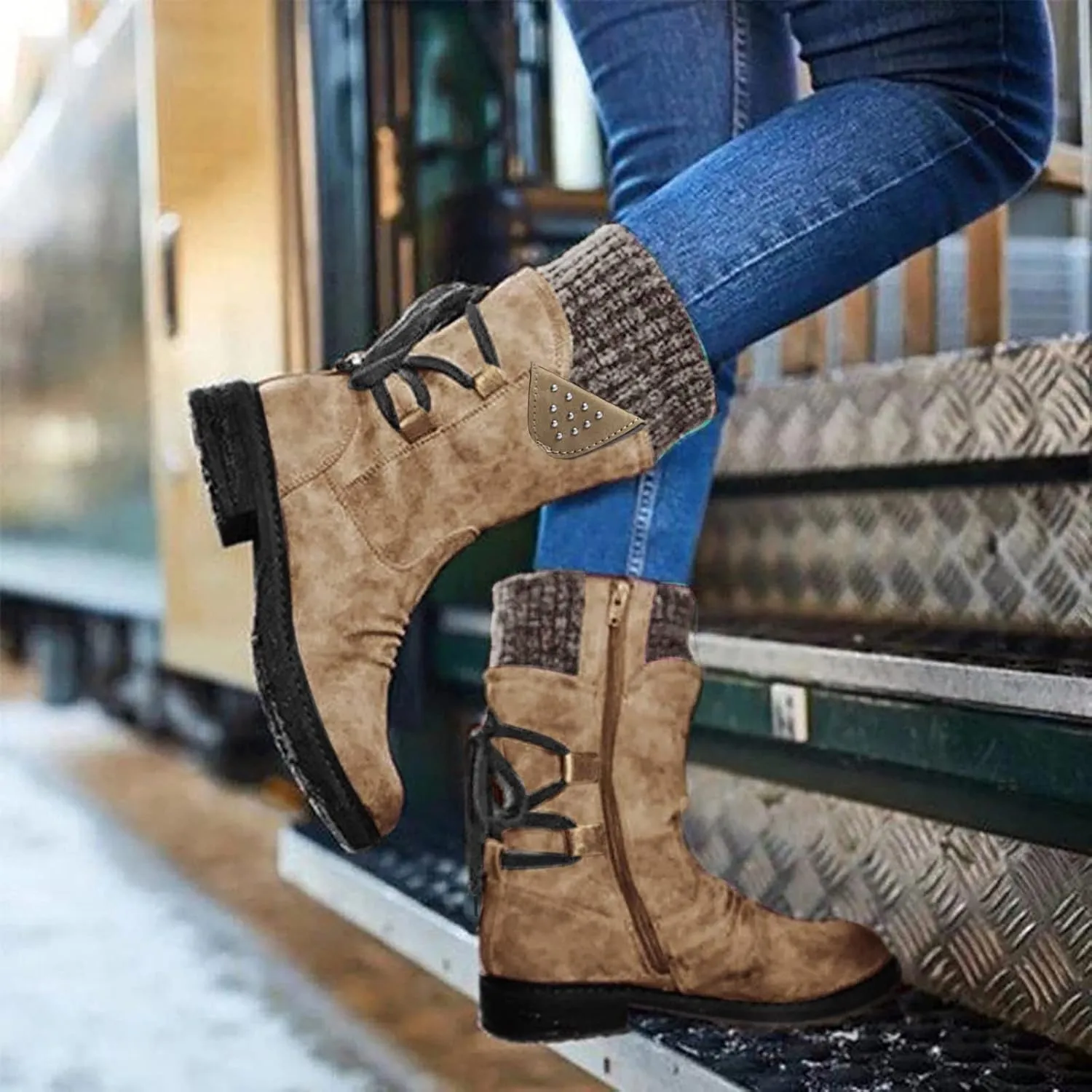 Ankle Boots for Women Winter Snow Booties Fur Lined Warm Boots Black Side Zipper Booties Round Toe Low Heel Boots