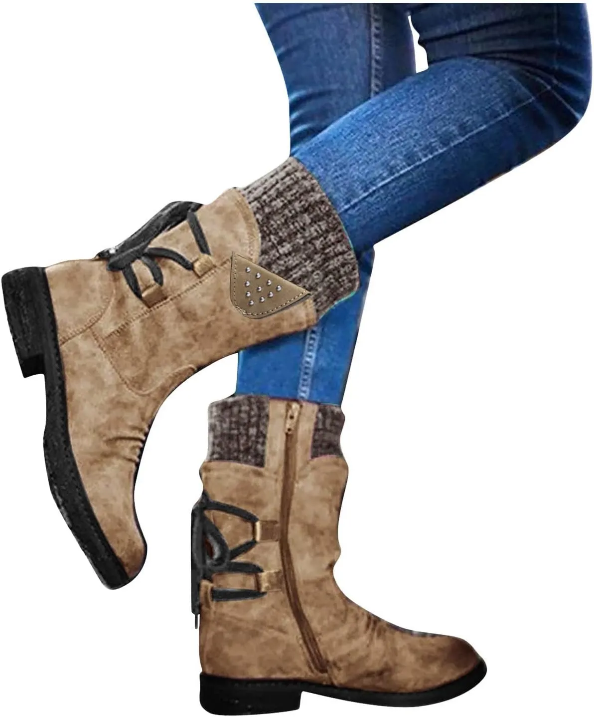 Ankle Boots for Women Winter Snow Booties Fur Lined Warm Boots Black Side Zipper Booties Round Toe Low Heel Boots