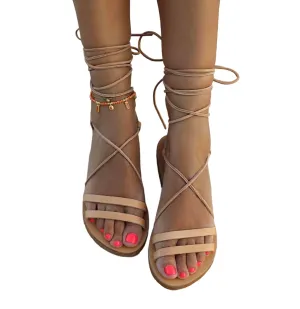 Ankle tie Greek Leather Sandals, Tie up Handmade shoes for women, Gladiator Sandals, Lace up Summer flats, summer wedding shoes, ankle wrap (US 12, Beige)