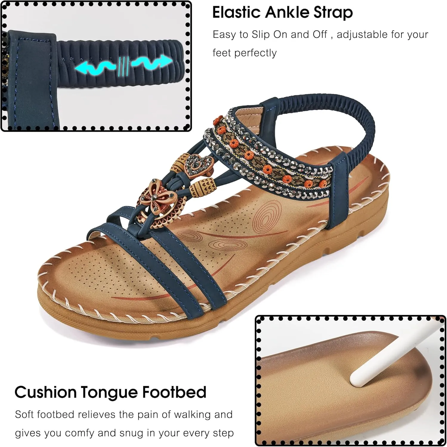 Aomigoct Sandals Women Flat Shoes: Dressy Summer Bohemian Flats Shoes for Women Sandals Comfortable Ankle Strap Outdoor Walking