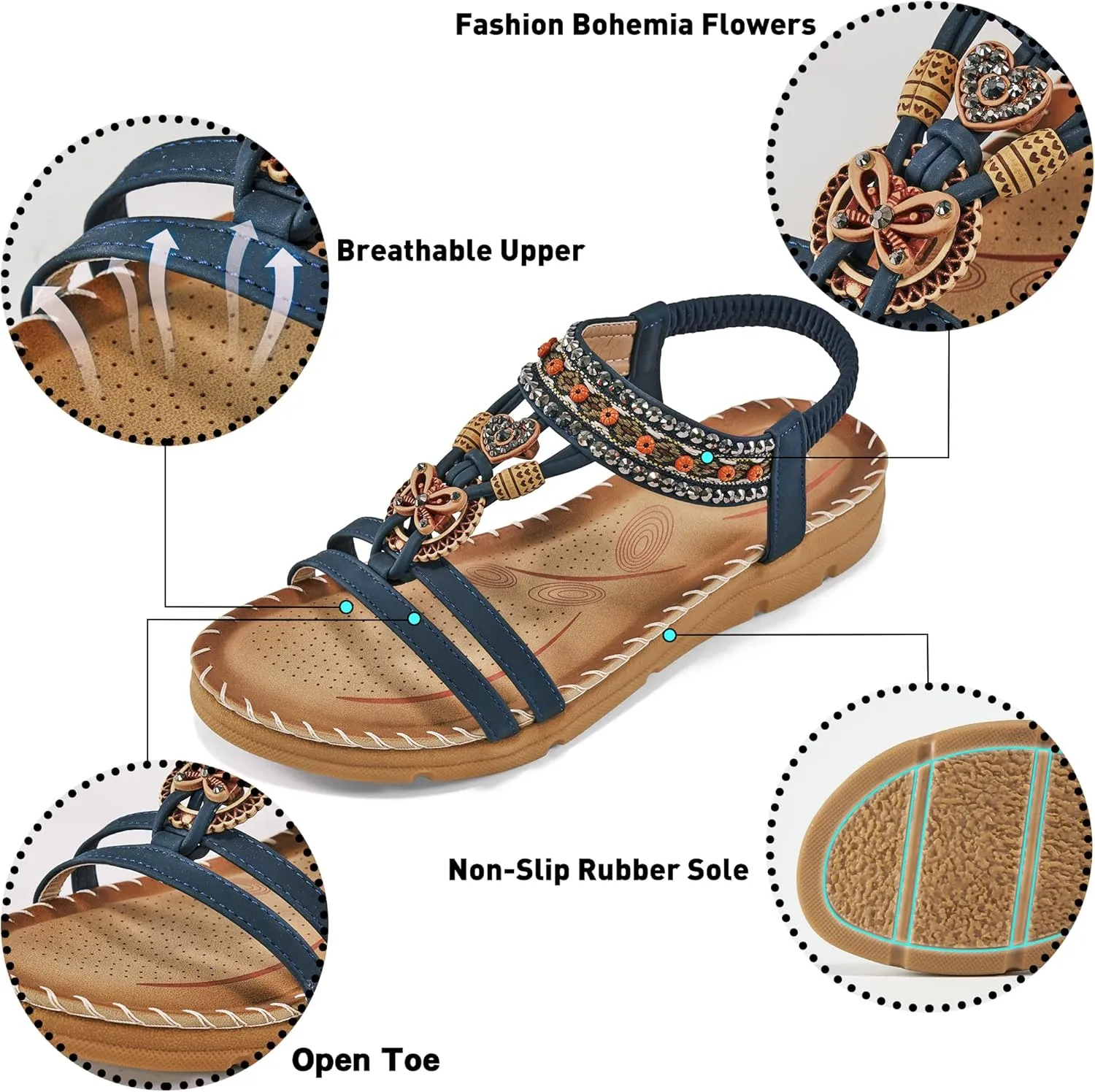 Aomigoct Sandals Women Flat Shoes: Dressy Summer Bohemian Flats Shoes for Women Sandals Comfortable Ankle Strap Outdoor Walking