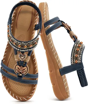 Aomigoct Sandals Women Flat Shoes: Dressy Summer Bohemian Flats Shoes for Women Sandals Comfortable Ankle Strap Outdoor Walking