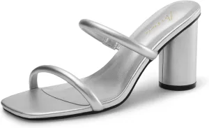 Arromic Women's Heeled Sandals Square Toe Two Strap Block Heels for Women Comfortable Strappy Heels Slip on Heeled Sandals for Women Dressy