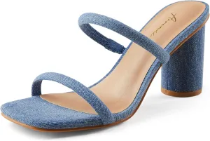 Arromic Women's Heeled Sandals Square Toe Two Strap Block Heels for Women Comfortable Strappy Heels Slip on Heeled Sandals for Women Dressy