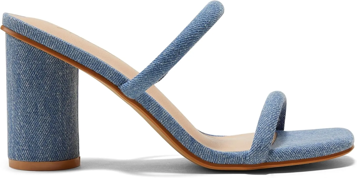 Arromic Women's Heeled Sandals Square Toe Two Strap Block Heels for Women Comfortable Strappy Heels Slip on Heeled Sandals for Women Dressy