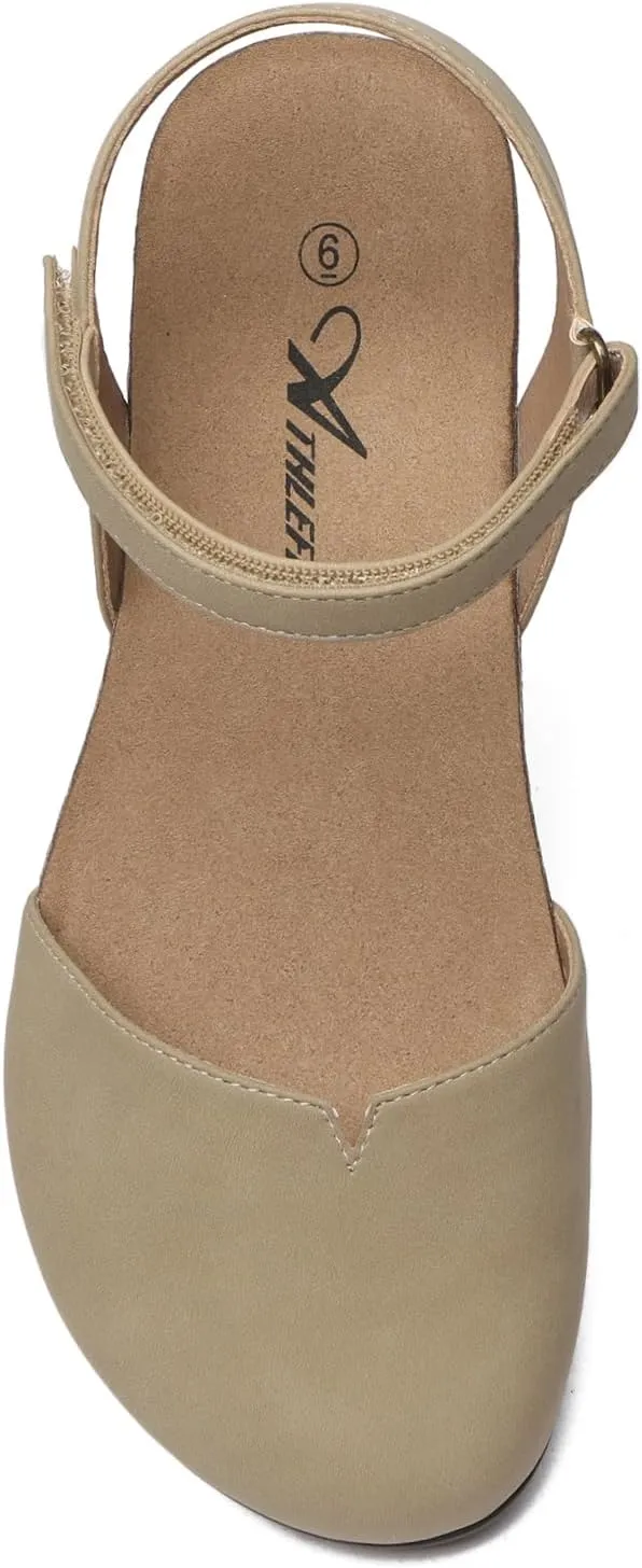 Athlefit Women's Closed Toe Sandals Comfort Cork Footbed Arch Support Flat Sandals