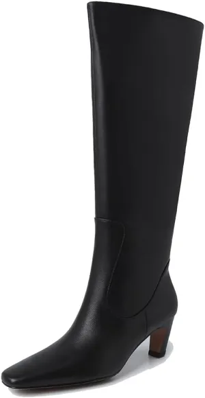 autumn chunky heels grey Knee high boots for women ladies square toe Slip on leather boots large cuff boots Pull On Wide Calf Booties