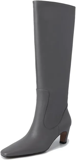 autumn chunky heels grey Knee high boots for women ladies square toe Slip on leather boots large cuff boots Pull On Wide Calf Booties