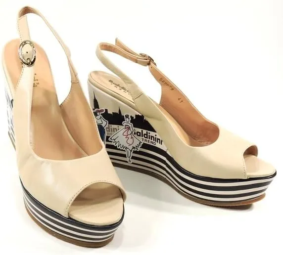 Baldinini Women's Platform Wedge Sandals, Beige Leather, Slingback Peep Toe, Fashion Cityscape Print