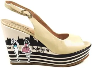 Baldinini Women's Platform Wedge Sandals, Beige Leather, Slingback Peep Toe, Fashion Cityscape Print