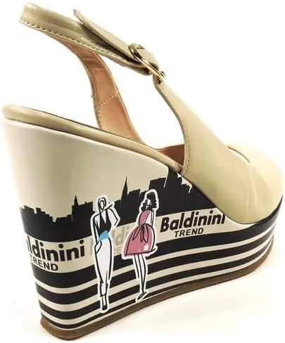 Baldinini Women's Platform Wedge Sandals, Beige Leather, Slingback Peep Toe, Fashion Cityscape Print