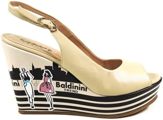 Baldinini Women's Platform Wedge Sandals, Beige Leather, Slingback Peep Toe, Fashion Cityscape Print