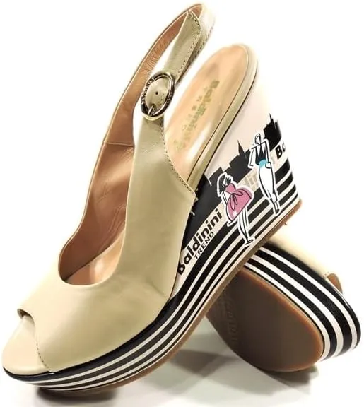 Baldinini Women's Platform Wedge Sandals, Beige Leather, Slingback Peep Toe, Fashion Cityscape Print