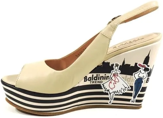 Baldinini Women's Platform Wedge Sandals, Beige Leather, Slingback Peep Toe, Fashion Cityscape Print