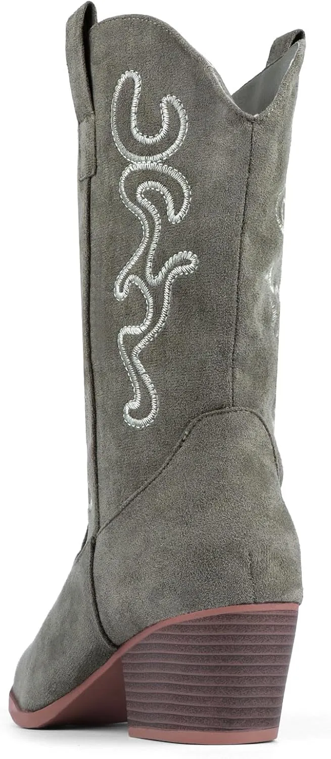 Bandkos Cowboy Boots for Women Cowgirl Mid Calf Western Boots Embroidered Stitched Pointed Toe Chunky Block Heel