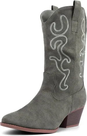 Bandkos Cowboy Boots for Women Cowgirl Mid Calf Western Boots Embroidered Stitched Pointed Toe Chunky Block Heel