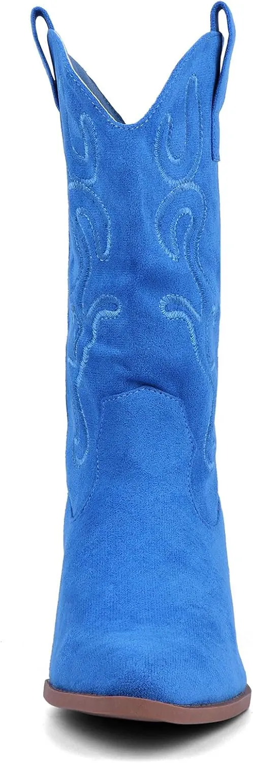 Bandkos Cowboy Boots for Women Cowgirl Mid Calf Western Boots Embroidered Stitched Pointed Toe Chunky Block Heel